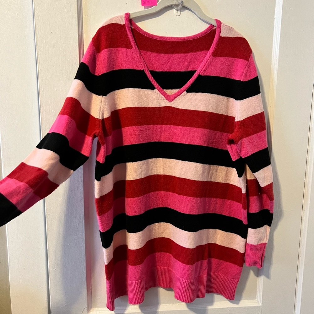 Pink and Red Striped Soft V Neck Sweater Size 18/20